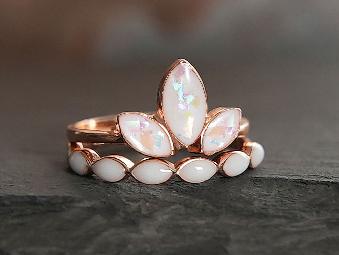 breastmilk jewelry ring leaves drops set of two rings lotus and bloom KeepsakeMom rose gold opal flakes
