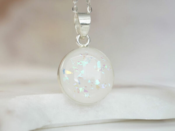 DIY Breastmilk jewelry kit from KeepsakeMom disc necklace to the moon and back opal flakes sterling silver