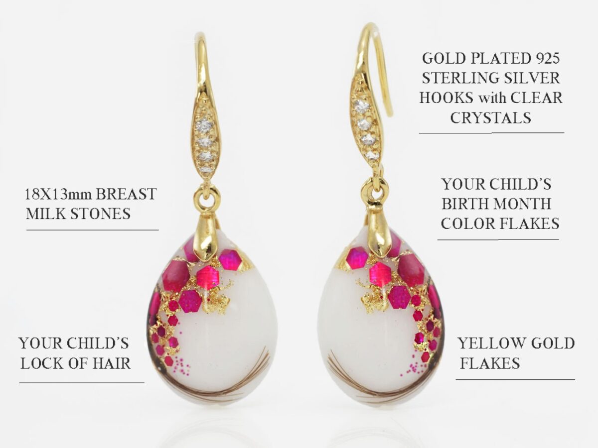 breast milk jewelry gold and ruby red flakes drop shaped earrings on white background with locks of hair from KeepsakeMom