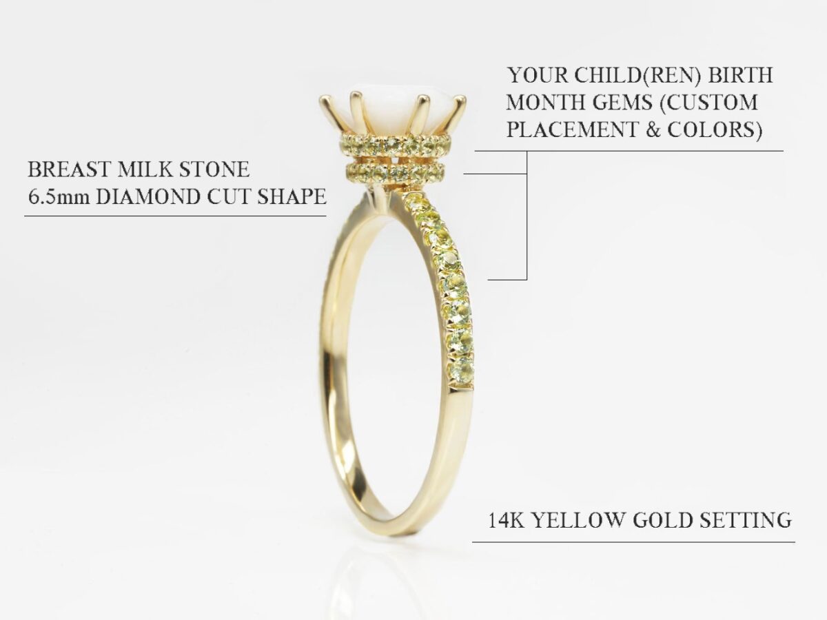 breast milk jewelry yellow gold ring vertical on white background princess diamond cut breast milk stone with yellow citrine gems on a side from Keepsakemom