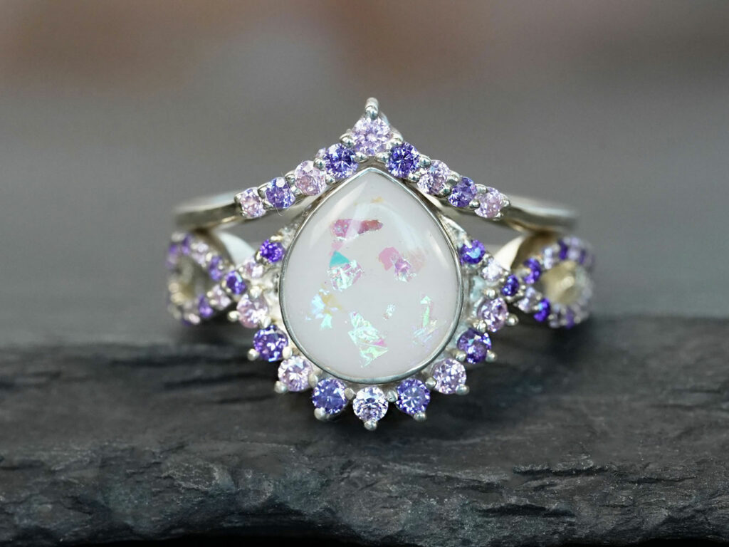 breastmilk jewelry ring set with purple amethyst birth month color crystals from KeepsakeMom