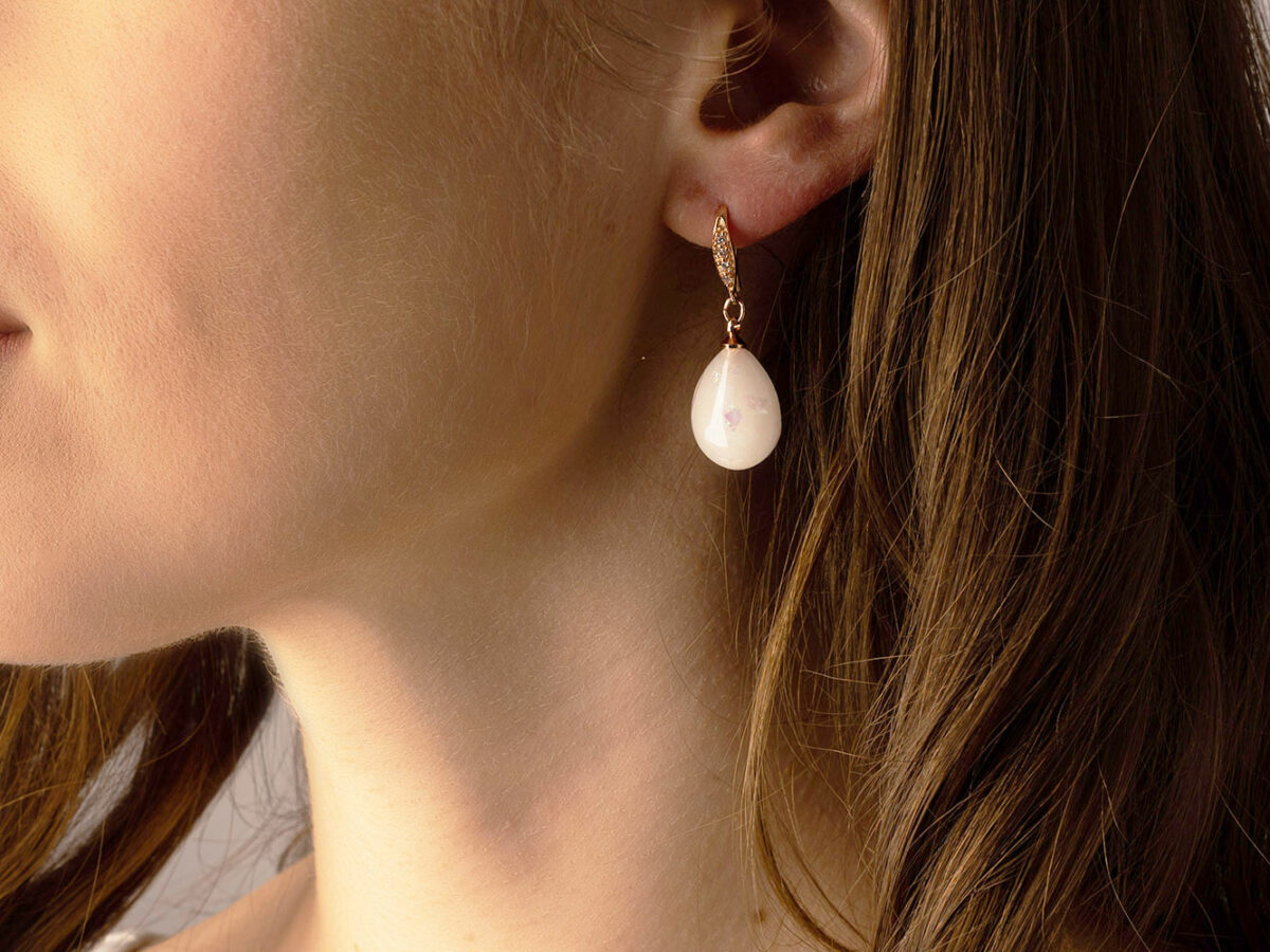 breastmilk jewelry earrings dangle teardrop model KeepsakeMom rose gold hook with crystals