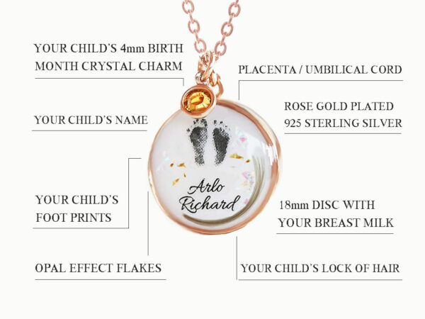 breast milk disc round shaped necklace with baby foot prints, lock of hair, placenta specks, opal flakes and orange dangle in rose gold setting on white background describing features diagram from keepsakemom