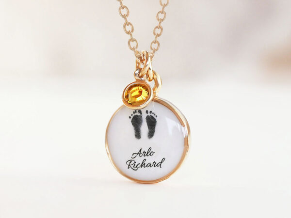 breast milk jewelry keepsake from keepsakemom necklace simple rose gold disc breastmilk necklace and disc round necklace with foot prints and name and orange charm
