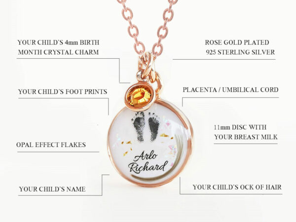 breast milk disc round shaped necklace with baby foot prints, lock of hair, placenta specks, opal flakes and orange dangle in rose gold setting on white background describing features diagram from keepsakemom