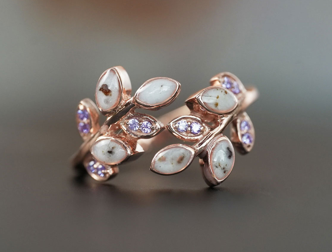 breastmilk jewelry ring mother's embrace leaves purple crystals KeepsakeMom rose gold umbilical cord