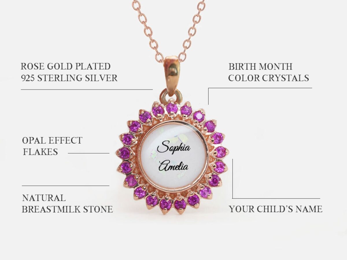 breast milk disc round shaped necklace with baby names inside and halo of crystals in color ruby red/pink in rose gold setting on white background describing features diagram from keepsakemom
