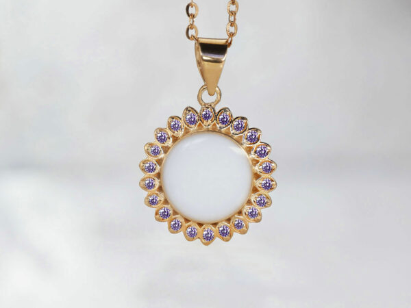 breastrmilk jewelry disc necklace flower sun birth month color crystals KeepsakeMom custom purple February