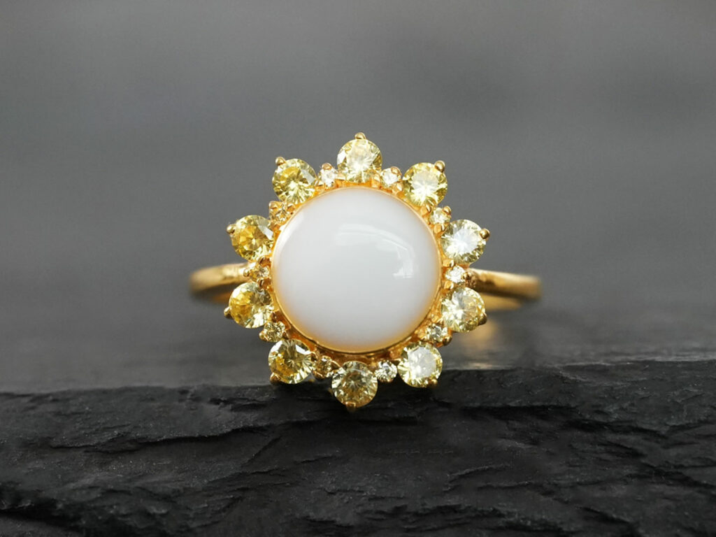 breastmilk jewelry ring yellow citrine November birth month color sunflower shaped from Keepsakemom