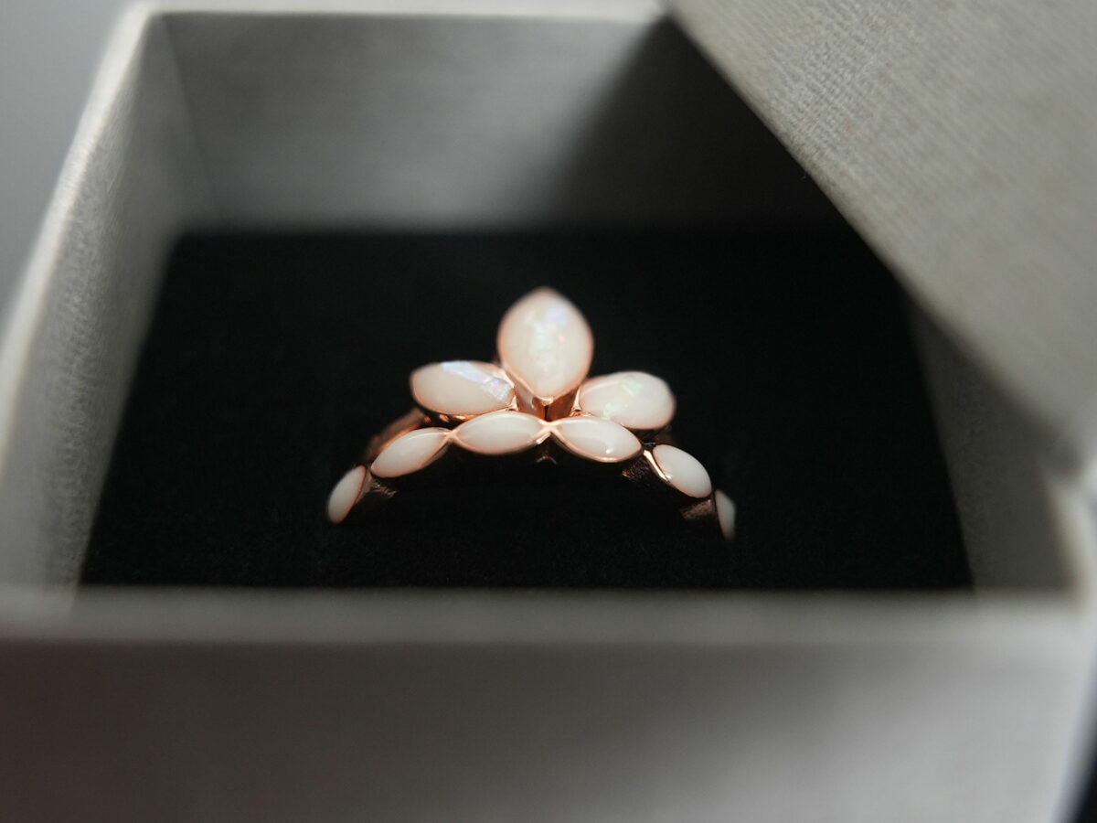 breastmilk jewelry lotus ring three petals rose gold KeepsakeMom opal flakes box