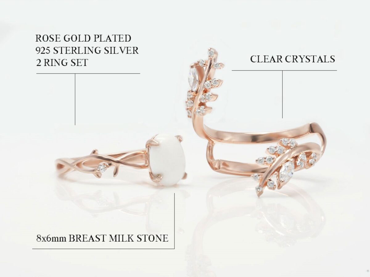 breastmilk sterling silver rose gold 2 ring set gold plated diagram describing features on white background from keepsakemom