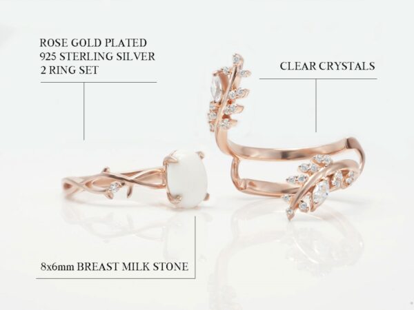 breastmilk sterling silver rose gold 2 ring set gold plated diagram describing features on white background from keepsakemom