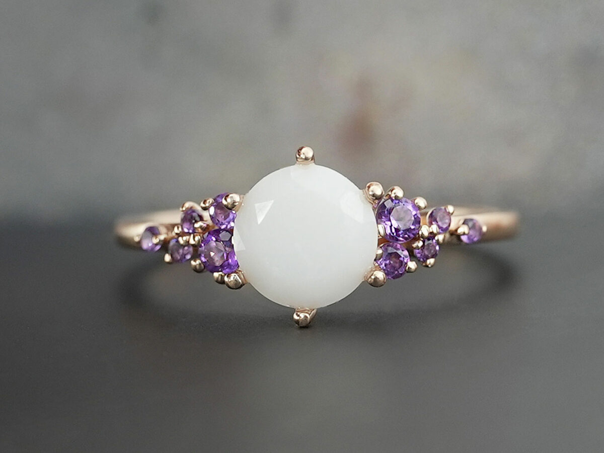 breastmilk jewelry silver ring diamond shaped milk stone and five gems on each side purple birth month colors from KeepsakeMom
