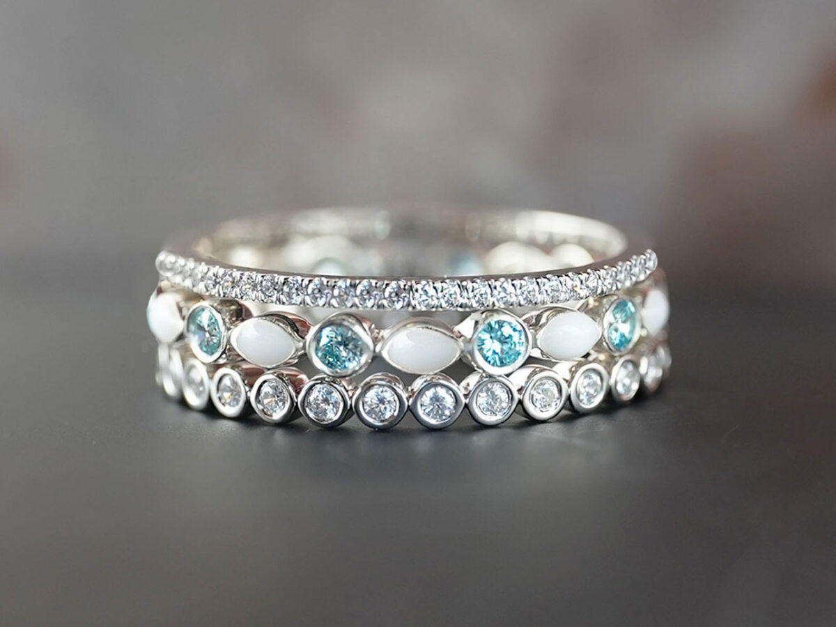 breast milk three ring set fine bands white gold blue gems from keepsakemom