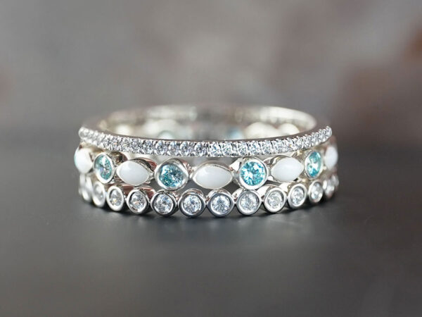 breast milk three ring set fine bands white gold blue gems from keepsakemom