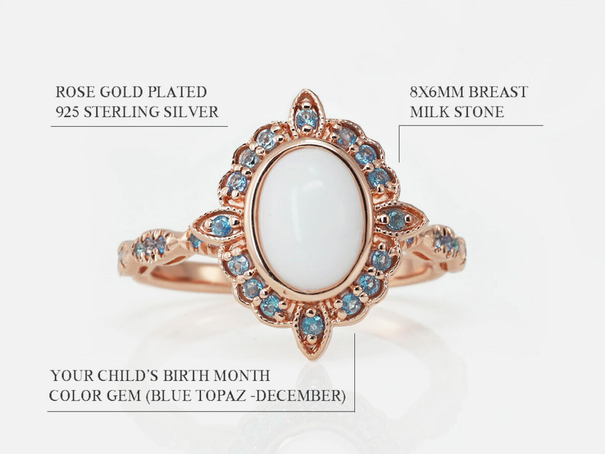 breastmilk sterling silver art-deco ring rose gold plated oval flower shaped with oval central breastmilk stone and leaves in blue gems diagram describing features on white background from keepsakemom