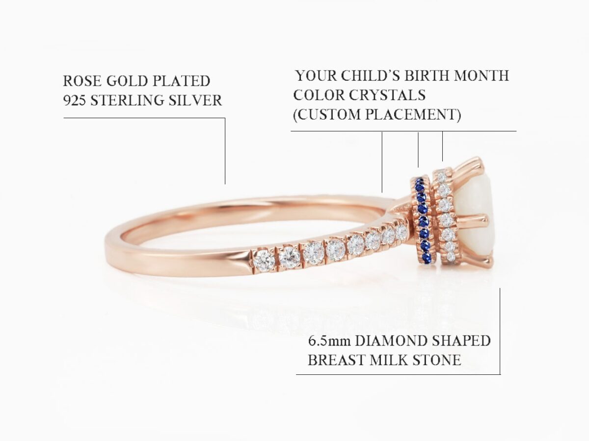 breastmilk sterling silver ring gold plated side view with clear crystals and blue crystals around the stone diagram describing features on white background from keepsakemom
