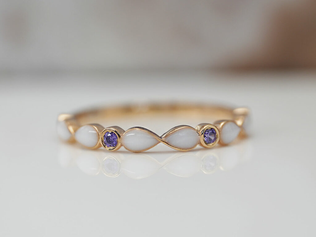 breast milk ring marquise style infinity with birth month color gems amethyst purple color crystals from keepsakemom gold setting
