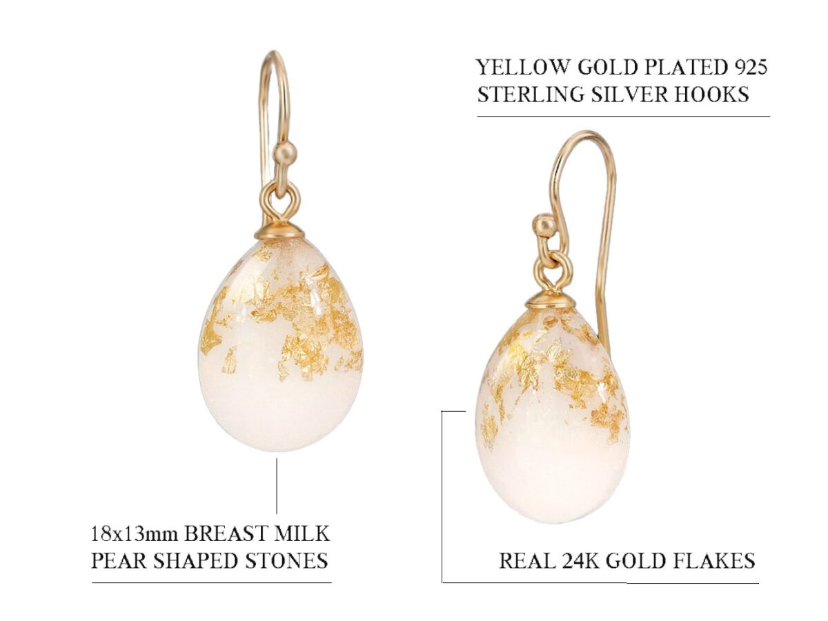 breast milk gold drop earrings with gold flakes on white background from keepsakemom