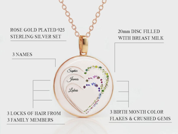 breastmilk jewelry large disc with three hearts made with hair names and three birth month colored flakes to complete the hearts from keepsakemom