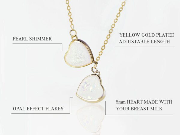 breast milk necklace two hearts shape filled with breastmilk and with opal flakes pearl powder on white background feature describing diagram from keepsakemom