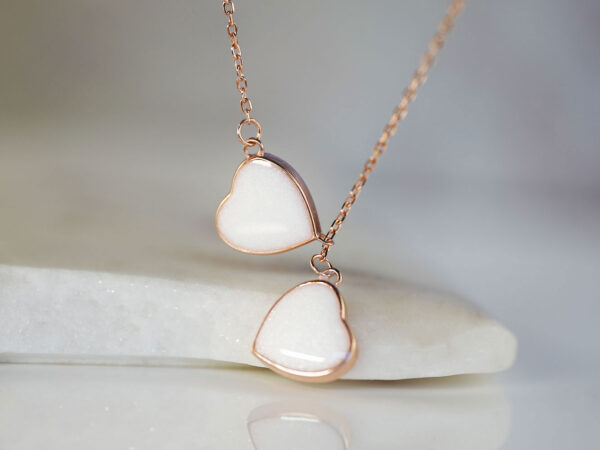 breastmilk jewelry two hearts necklace on a rose gold chain from keepsakemom