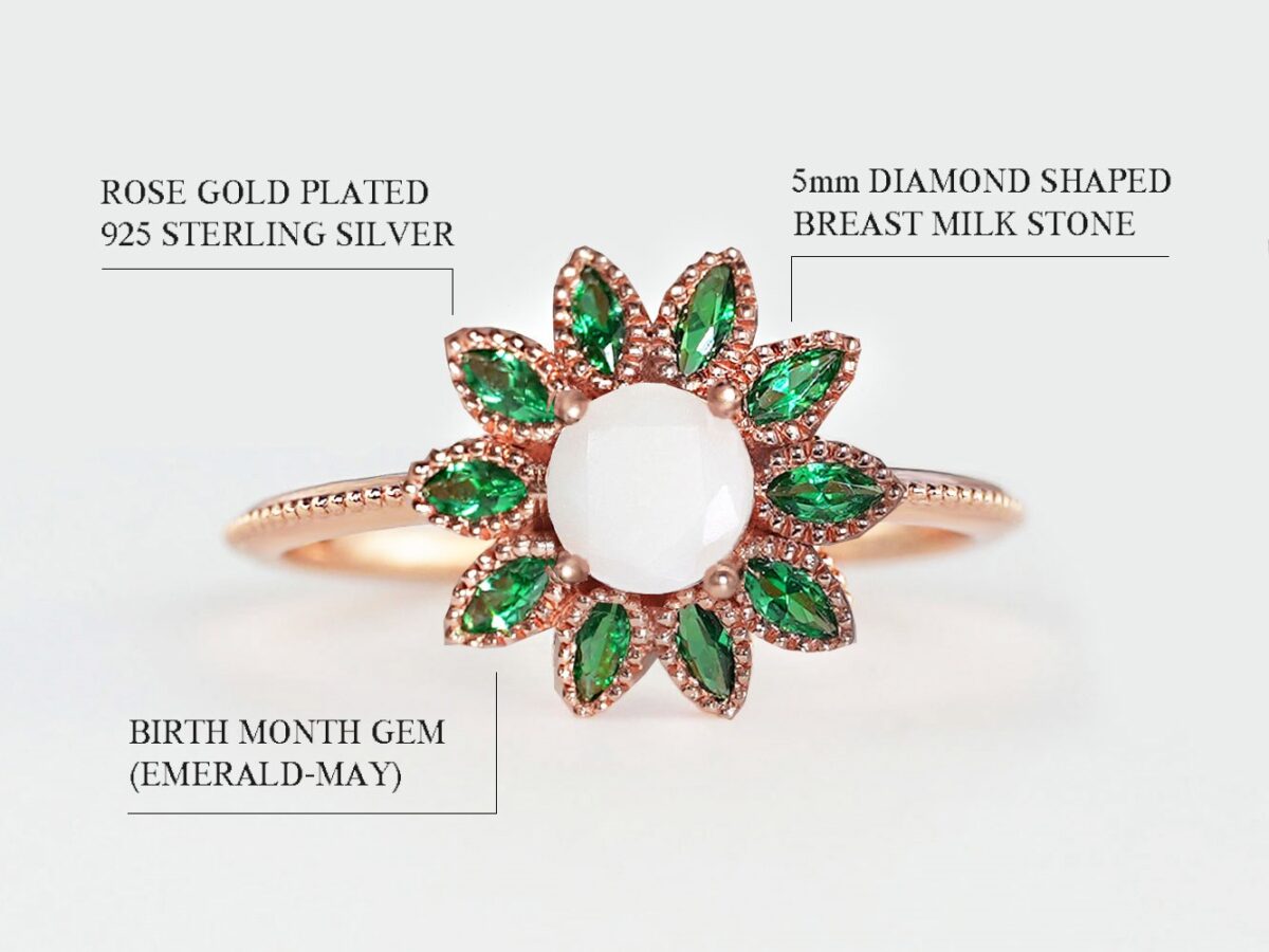 breastmilk sterling silver ring white gold plated flower shaped with central breastmilk stone diamond faceted shaped with opal flakes and leaves in green gems emerald diagram describing features on white background from keepsakemom