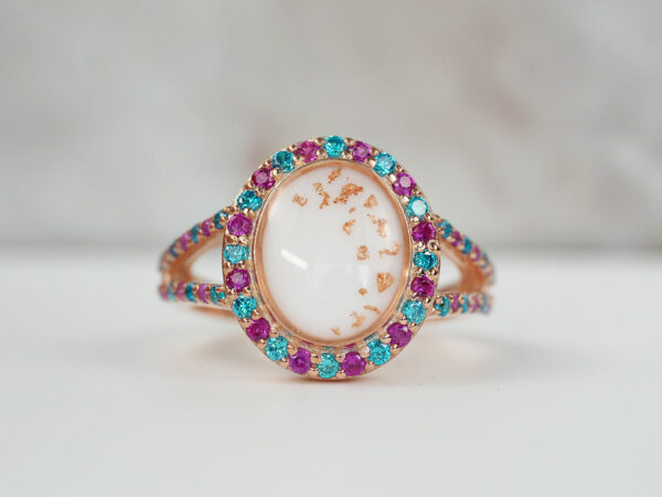 breastmilk jewelry oval rose gold ring crystals with birth month colors pink and blue from KeepsakeMom
