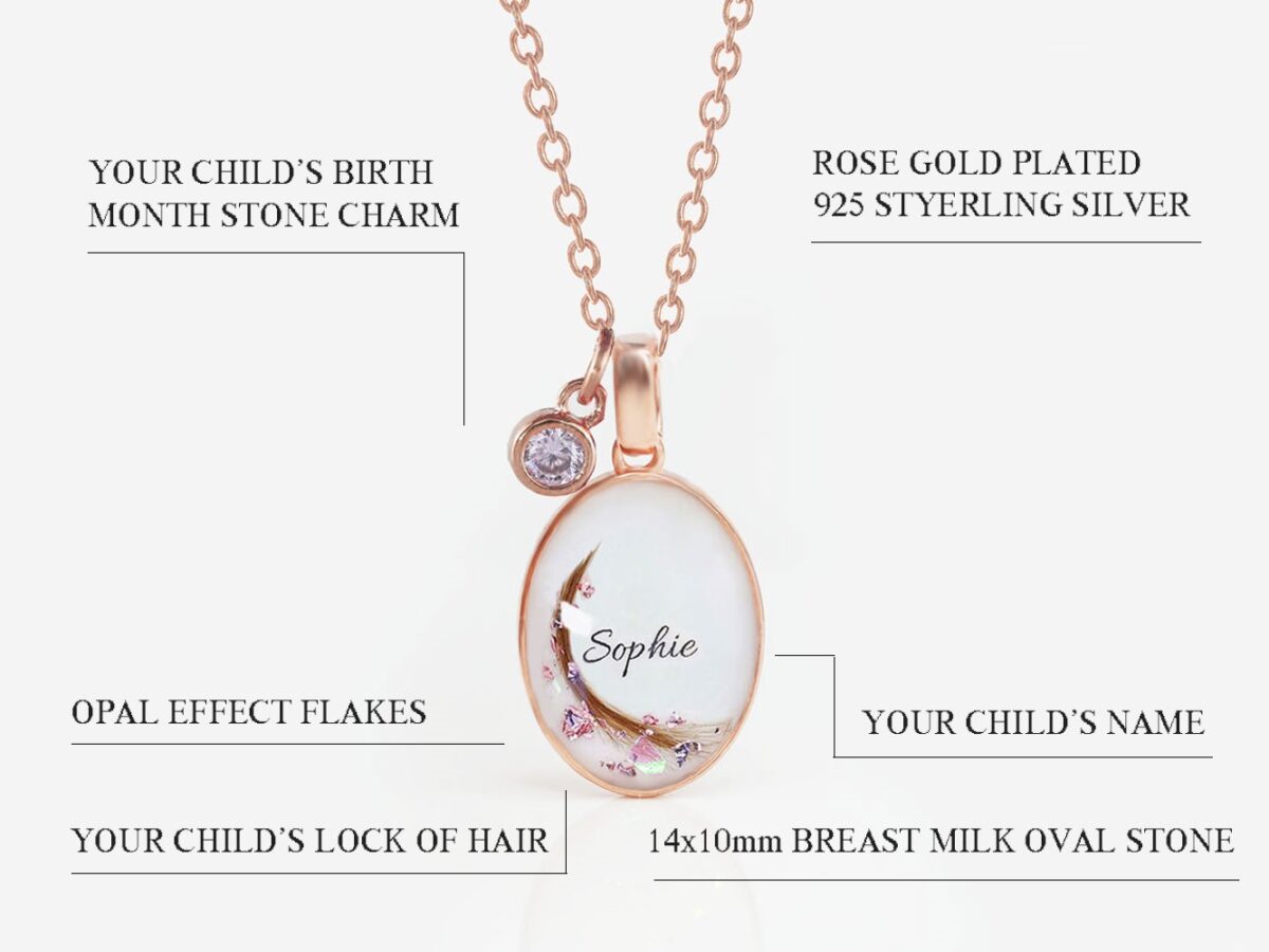 breast milk necklace oval shape filled with breastmilk and with opal flakes, name Sophie and lock of hair and purple crystal charm pearl powder and baby's hair all in rose gold on white background feature describing diagram from keepsakemom