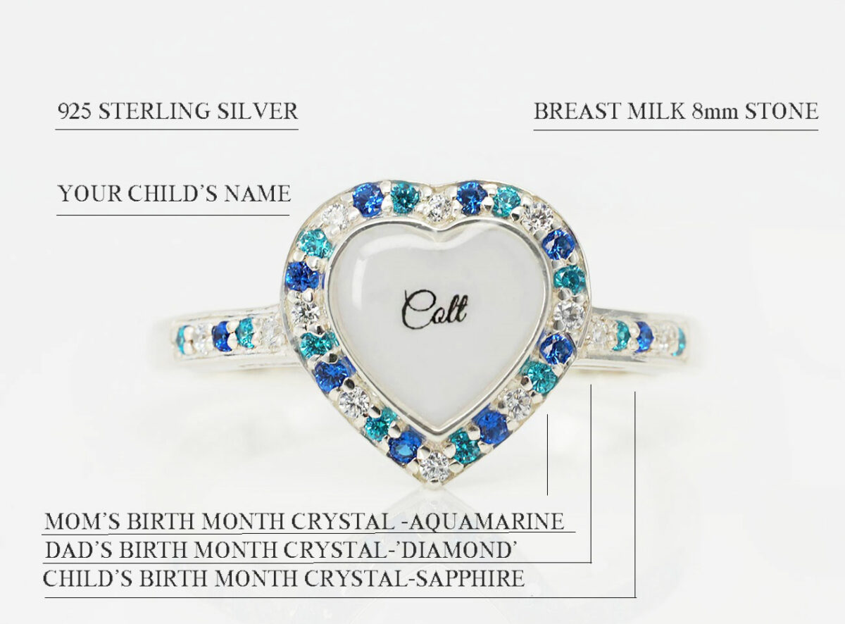 breastmilk sterling silver ring gold plated diagram describing features on white background from keepsakemom