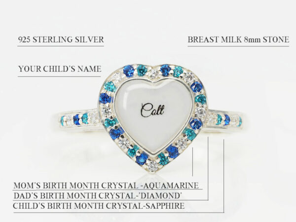breastmilk sterling silver ring gold plated diagram describing features on white background from keepsakemom