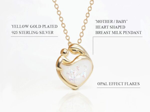 breastmilk jewelry yellow gold heart shaped necklace / pendant with mother and baby outline filled with breastmilk and opal effect flakes added to the milk describing features diagram from keepsakemom