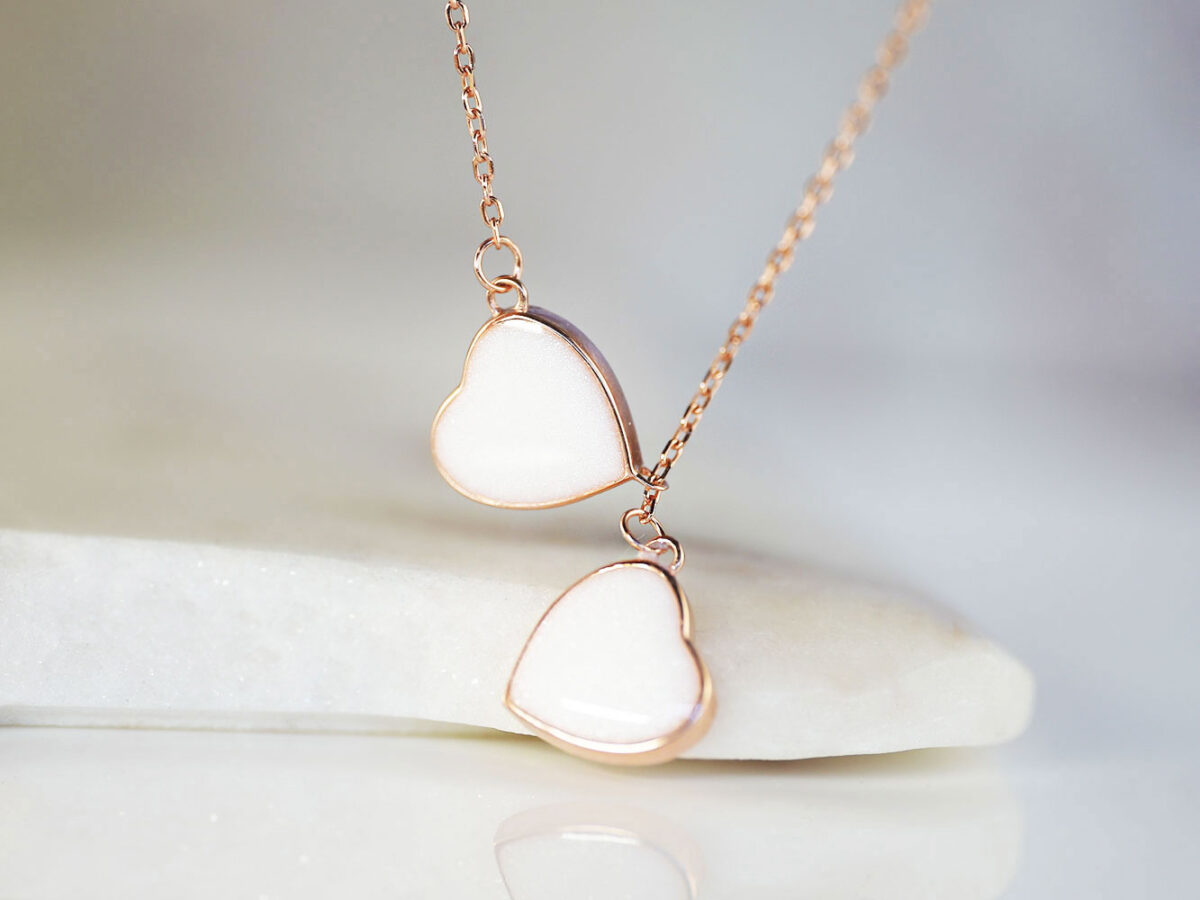 breastmilk jewelry two hearts necklace for DIY kit from KeepsakeMom in rose gold