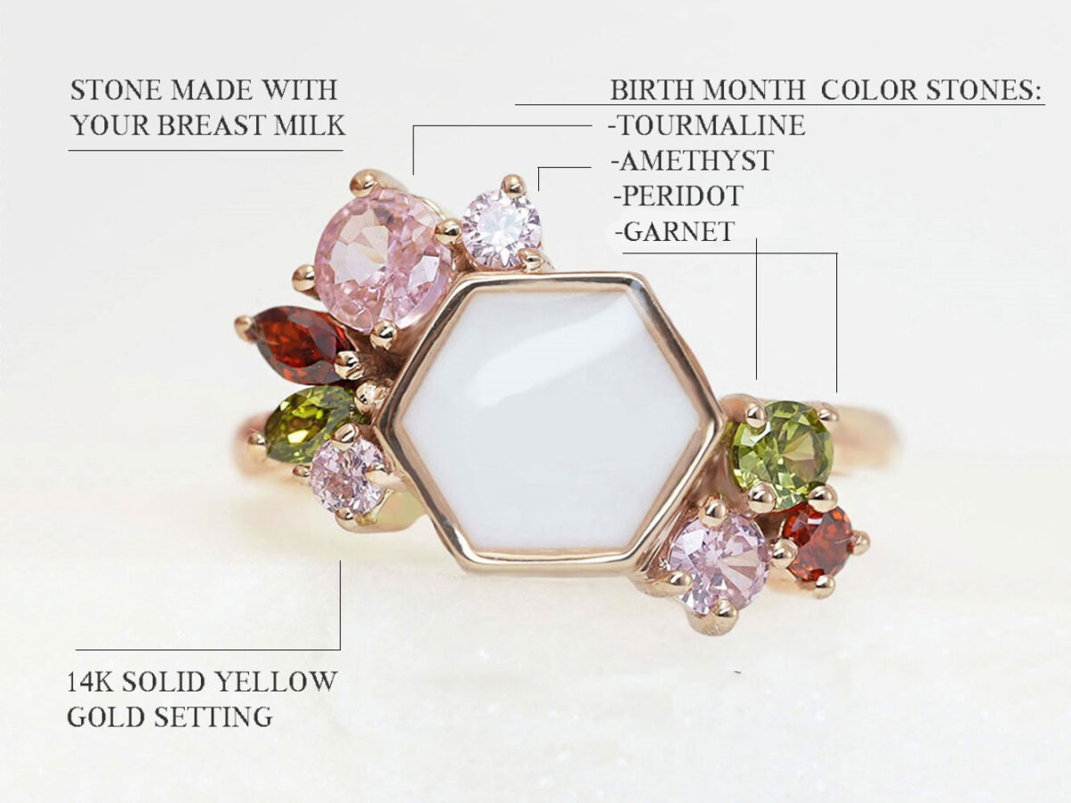 breastmilk jewelry ROSE GOLD honeycomb hexagon shape with multicolored gems and crystals RING for DIY kit from KeepsakeMom simple on white background with table explanation