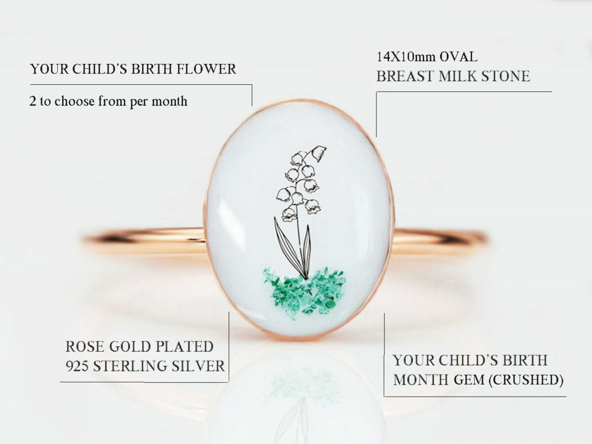 breastmilk sterling silver oval ring rose gold plated with flower outline in the milk diagram describing features on white background from keepsakemom