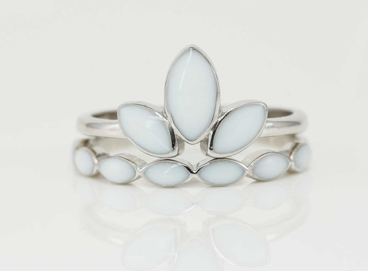 breastmilk jewelry ring leaves three stones lotus like from KeepsakeMom rose gold two ring setting with clear crystals add-on ring on the bottom in silver setting on white background