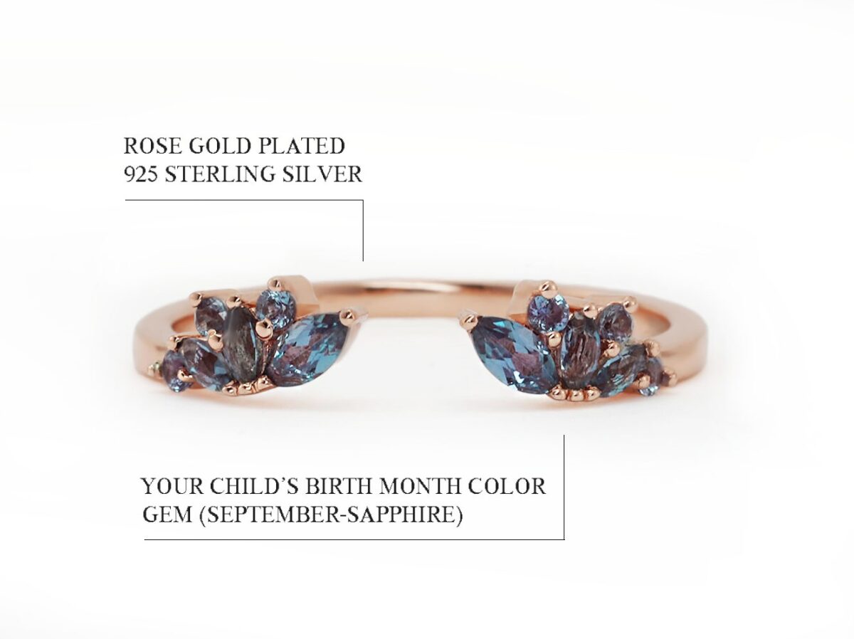 sterling silver ring gold wing shaped adjustable ring with sapphire gems add-on ring only rose gold plated diagram describing features on white background from keepsakemom