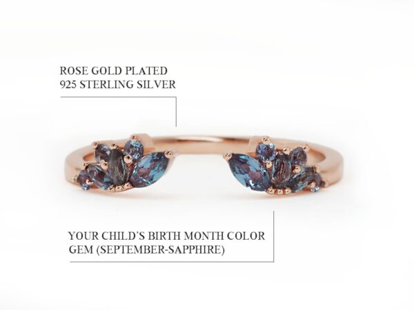 sterling silver ring gold wing shaped adjustable ring with sapphire gems add-on ring only rose gold plated diagram describing features on white background from keepsakemom