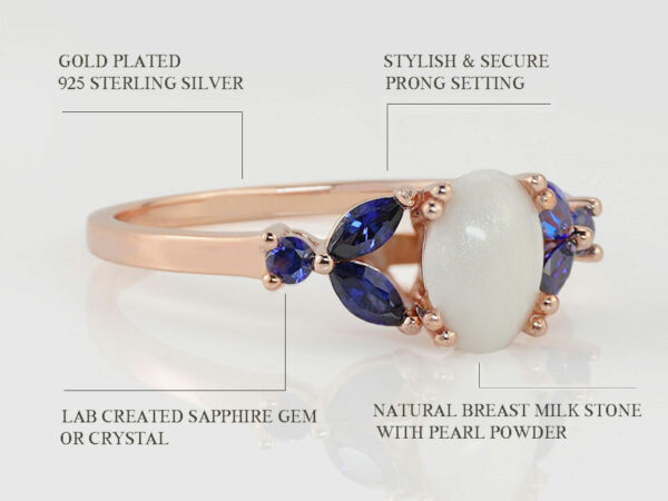 breast milk ring with oval stone and three sapphire crystals or gems on each side in rose gold setting from KeepsakeMom