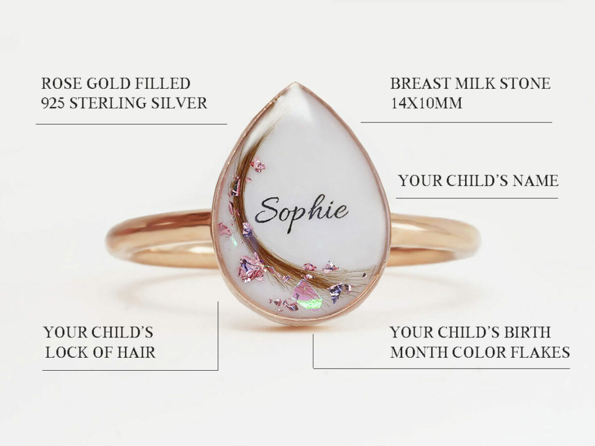 breastmilk sterling silver teardrop ring rose gold plated with name sophie, lock of hair and opal flakes in the milk stone diagram describing features on white background from keepsakemom