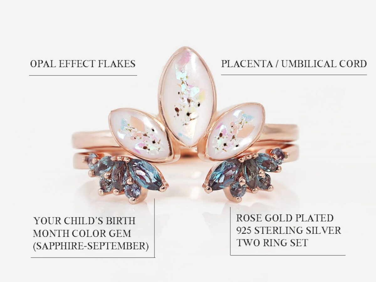 breastmilk sterling silver rose ring gold plated two ring set with top ring in the lotus shape with three leaves filled with breastmilk opal flakes and placenta flakes and the bottom add-on ring with wings shape blue gems diagram describing features on white background from keepsakemom