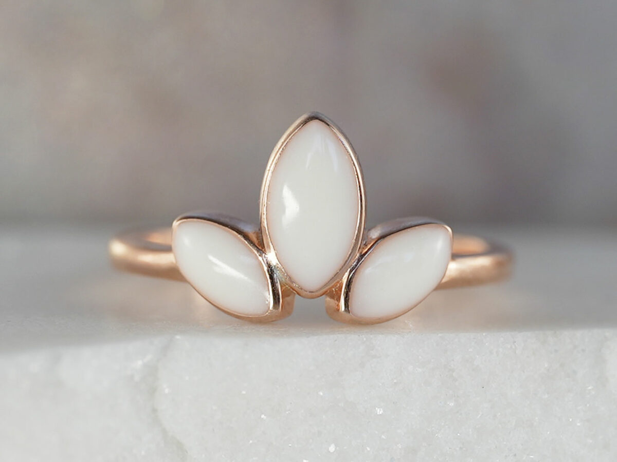 breastmilk jewelry ring leaves three stones lotus like from KeepsakeMom rose gold setting