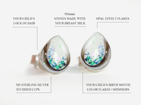 breast milk jewelry studded blue flakes drop shaped earrings on white background with locks of hair from KeepsakeMom