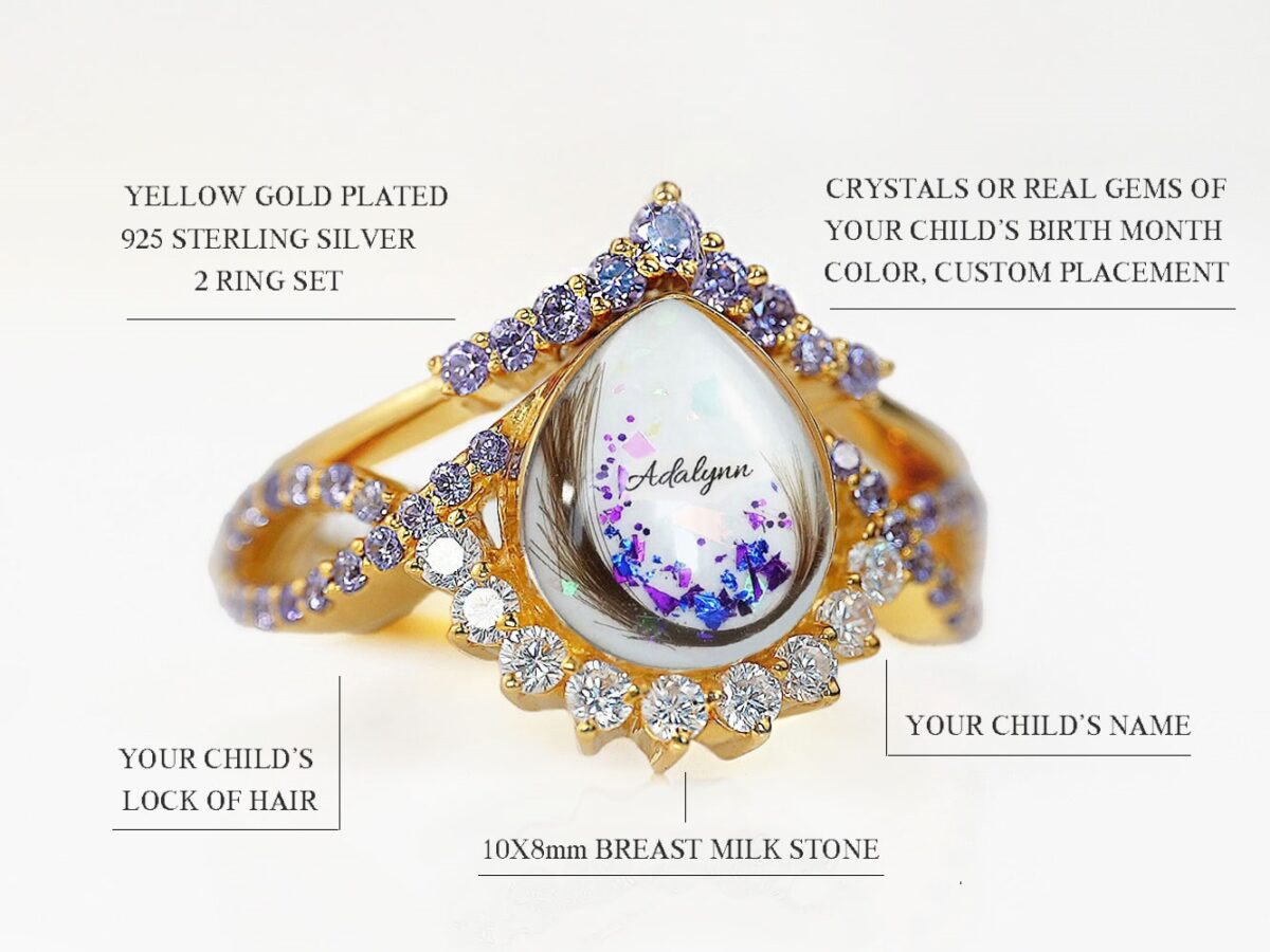 breastmilk sterling silver 2 ring set yellow gold plated with opal and sapphire blue flakes and name inside breastmilk drop shaped stone and amethyst crystals around with clear crystals on the thick band diagram describing features on white background from keepsakemom