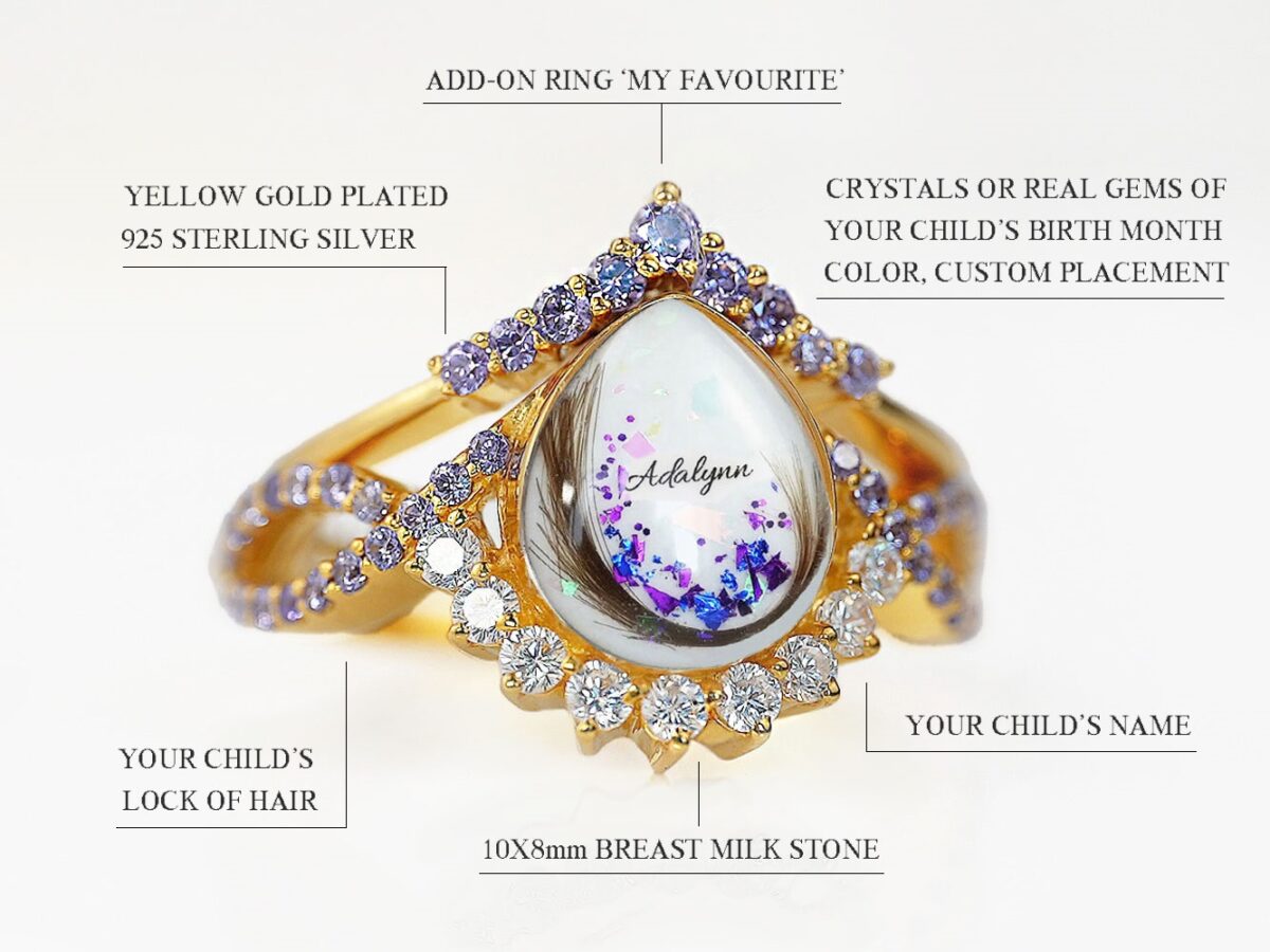 breastmilk sterling silver 2 ring set yellow gold plated with opal and sapphire blue flakes and name inside breastmilk drop shaped stone and amethyst crystals around with clear crystals on the thick band diagram describing features on white background from keepsakemom