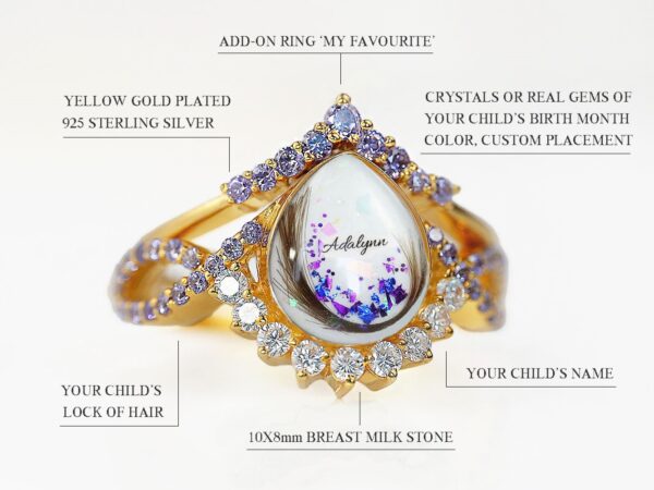 breastmilk sterling silver 2 ring set yellow gold plated with opal and sapphire blue flakes and name inside breastmilk drop shaped stone and amethyst crystals around with clear crystals on the thick band diagram describing features on white background from keepsakemom