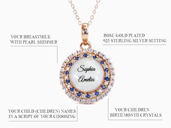 breast milk disc round shaped necklace with baby names inside and two rows of crystals in color blue and clear alternating in rose gold setting on white background describing features diagram from keepsakemom