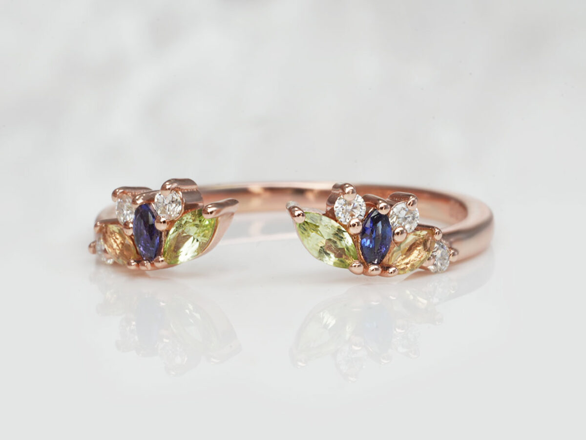 breastmilk jewelry add-on ring fine band KeepsakeMom rose gold blue, clear, orange, green crystals in a shape of wings adjustable