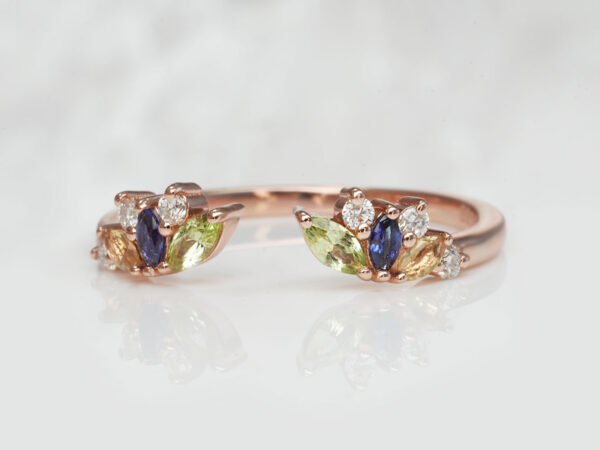 breastmilk jewelry add-on ring fine band KeepsakeMom rose gold blue, clear, orange, green crystals in a shape of wings adjustable
