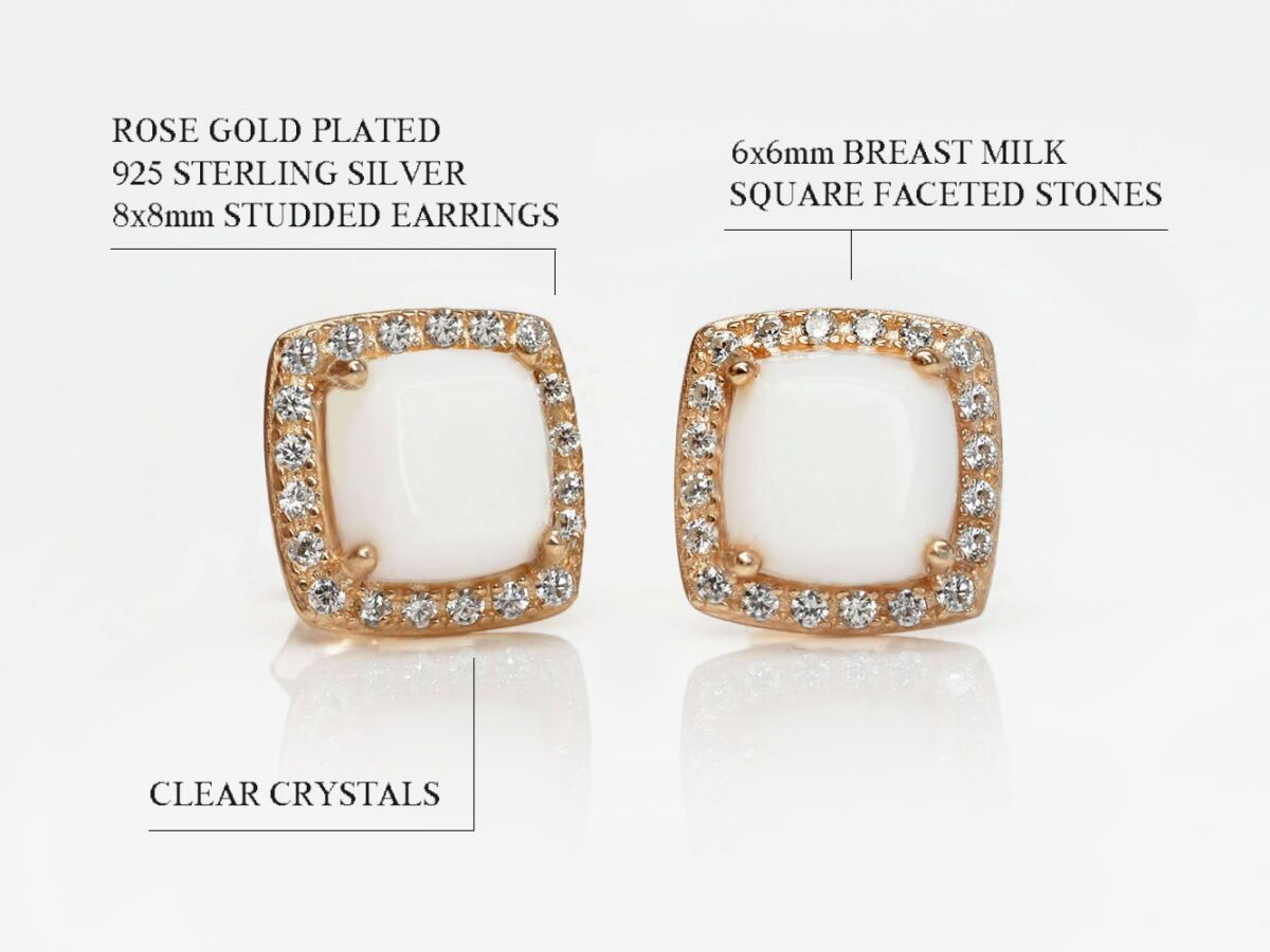breast milk rose gold earrings square faceted shaped with clear crystals around on white background feature describing diagram from keepsakemom